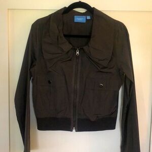 Deep brown 100% polyester bomber style jacket. Gorgeous collar with zipper.